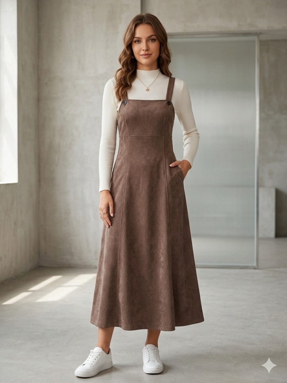 Nordstrom Free's Mart Brown Faux Suede Maxi Pinafore Dress